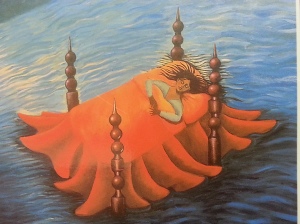 A girl laying in a four-poster bed with an orange blanket, floating in a large body of water.