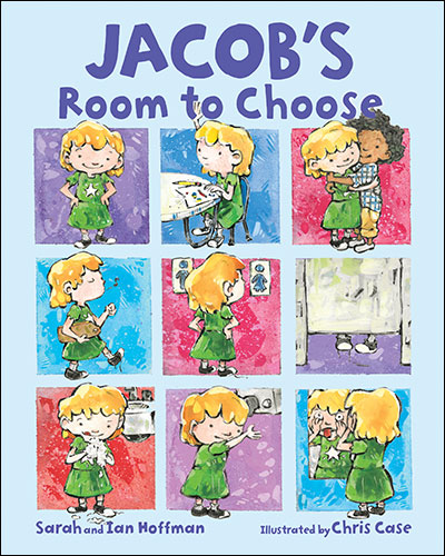 A little boy with blond hair and a green dress, shown in nine panels.